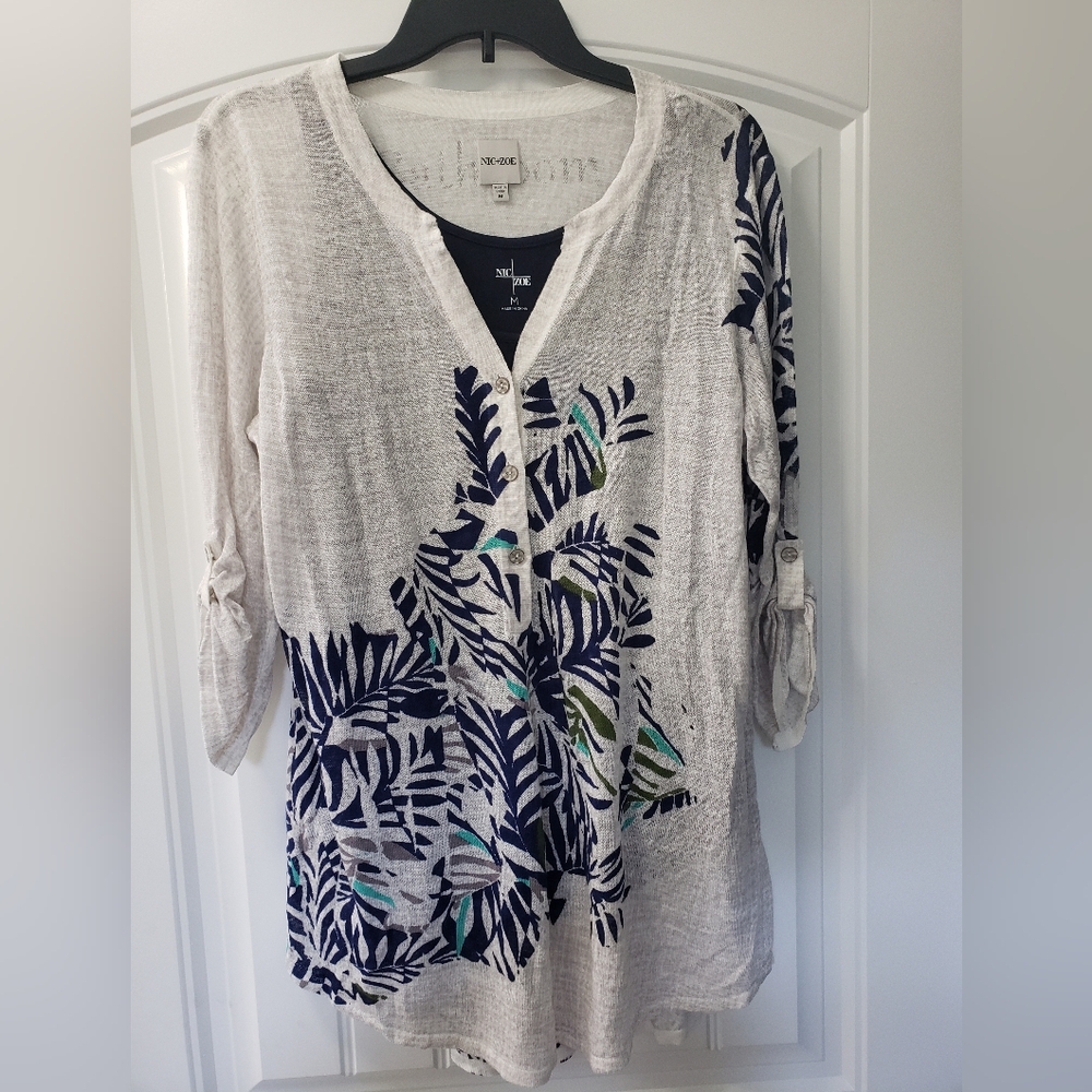 Nic + Zoe Navy & Cream Leaf Print Tunic w/matching Navy Blue Tank Size Medium